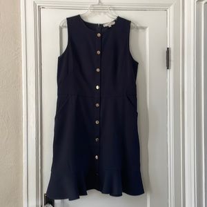 LOFT Navy Blue dress with ruffle, gold buttons, and pocket